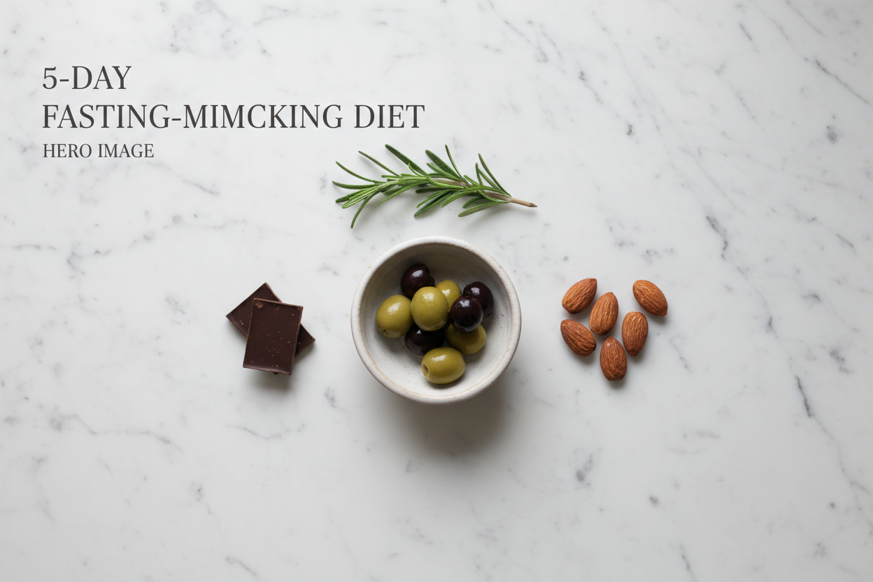 A minimal flat lay of small portioned whole foods — olives, nuts, and herbs on white marble — representing the intentional nourishment of the Fasting-Mimicking Diet