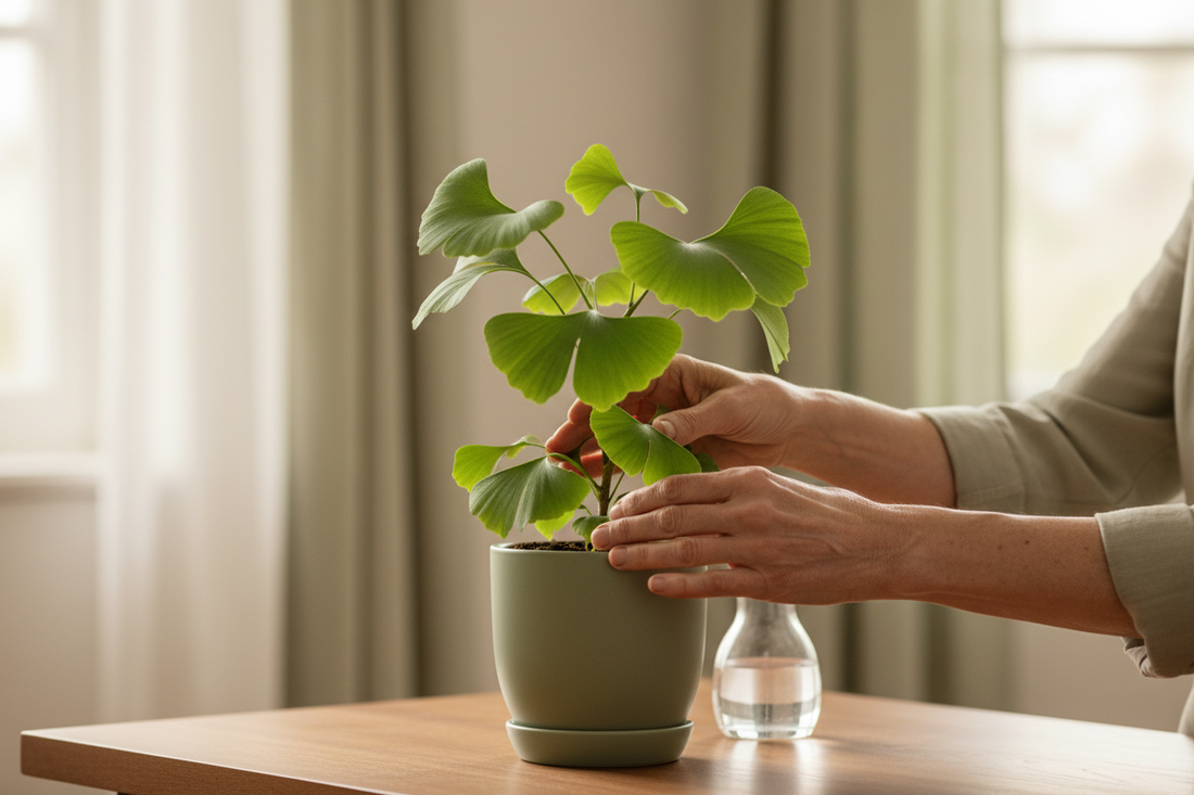 Elegant wellness image of hands tending a plant representing cognitive longevity and Alzheimer's prevention