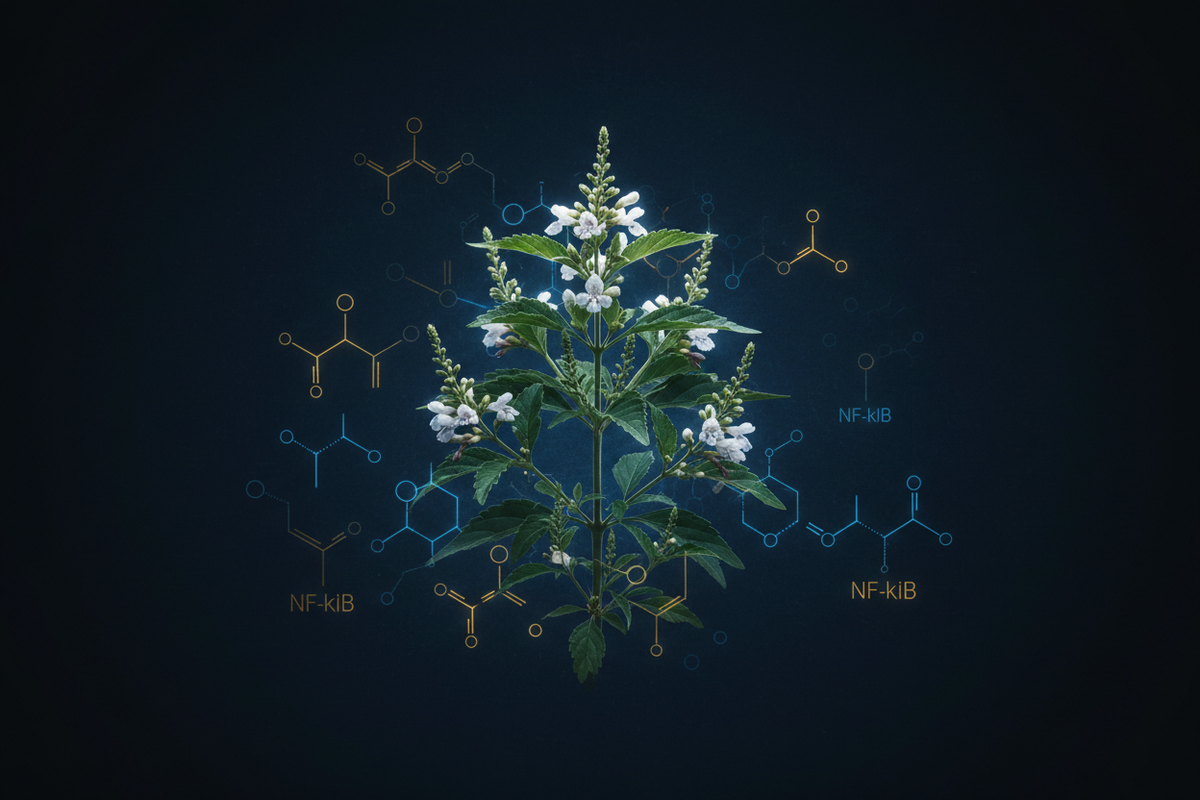 Andrographis plant with white and purple flowers and luminous NF-kB molecular pathway illustrations in electric blue and gold on dark navy background