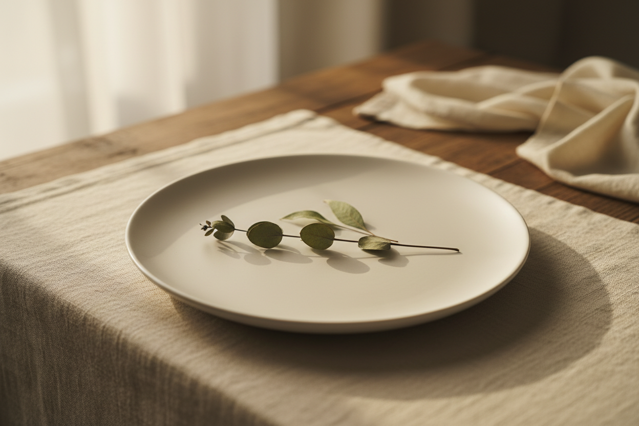 Empty white ceramic plate with a botanical sprig — representing anorexia nervosa and the path to nutritional recovery
