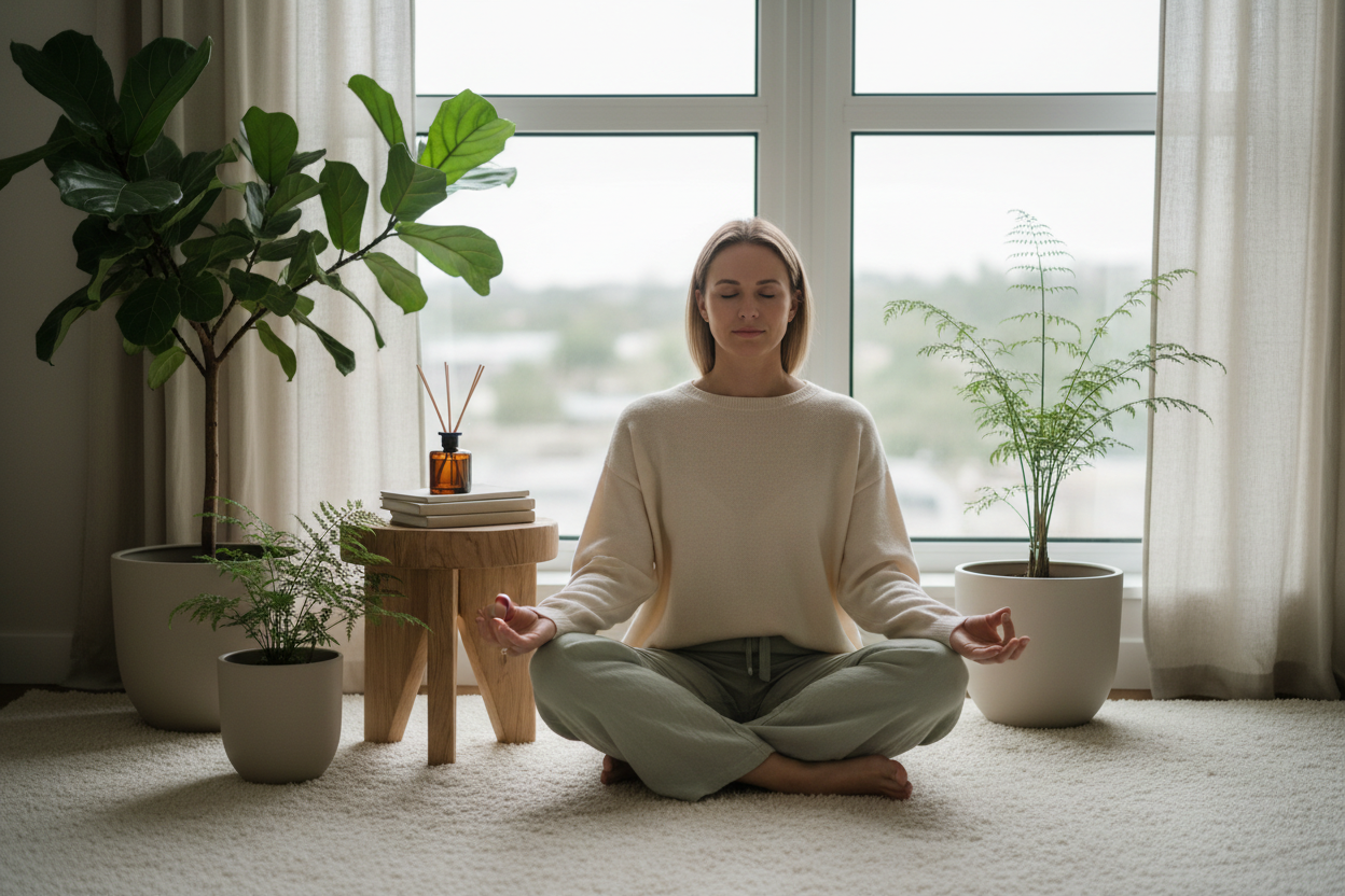 Serene meditative wellness scene representing anxiety relief and gut-brain axis support