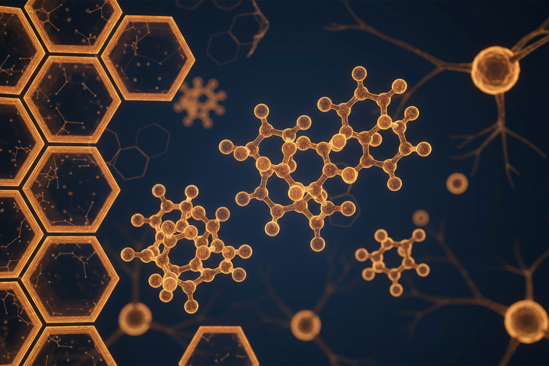 Apitherapy and Bee Venom Therapy — luminous molecular structures of melittin, apamin, and phospholipase A2 in a honeycomb lattice environment
