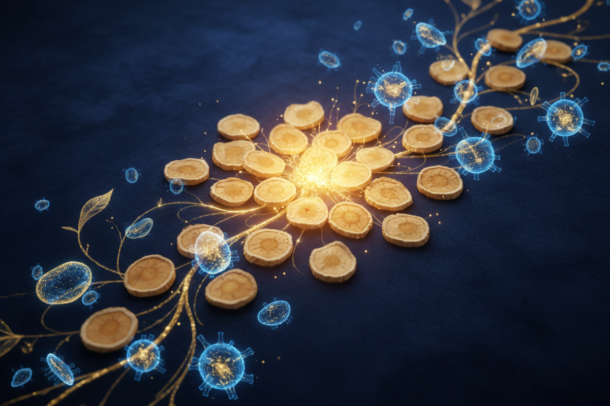 Dried Astragalus root slices with luminous immune cell illustrations in gold and blue on dark navy background