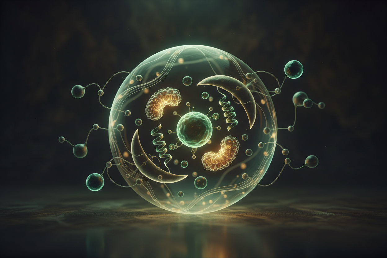 Abstract glowing cellular organelles representing autophagy and cellular self-cleaning