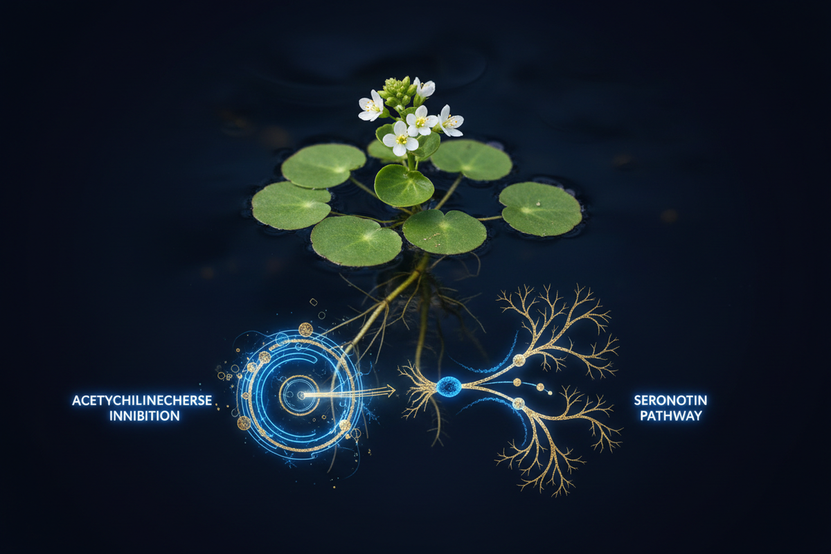 Bacopa monnieri Brahmi flowers with synaptic transmission and serotonin pathway illustration on dark navy background