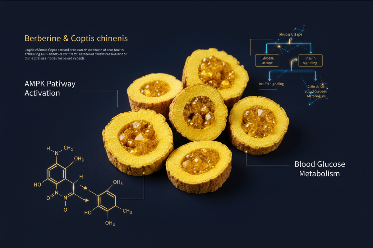 Coptis Huang Lian rhizomes with golden berberine crystals and AMPK metabolic pathway on dark navy background