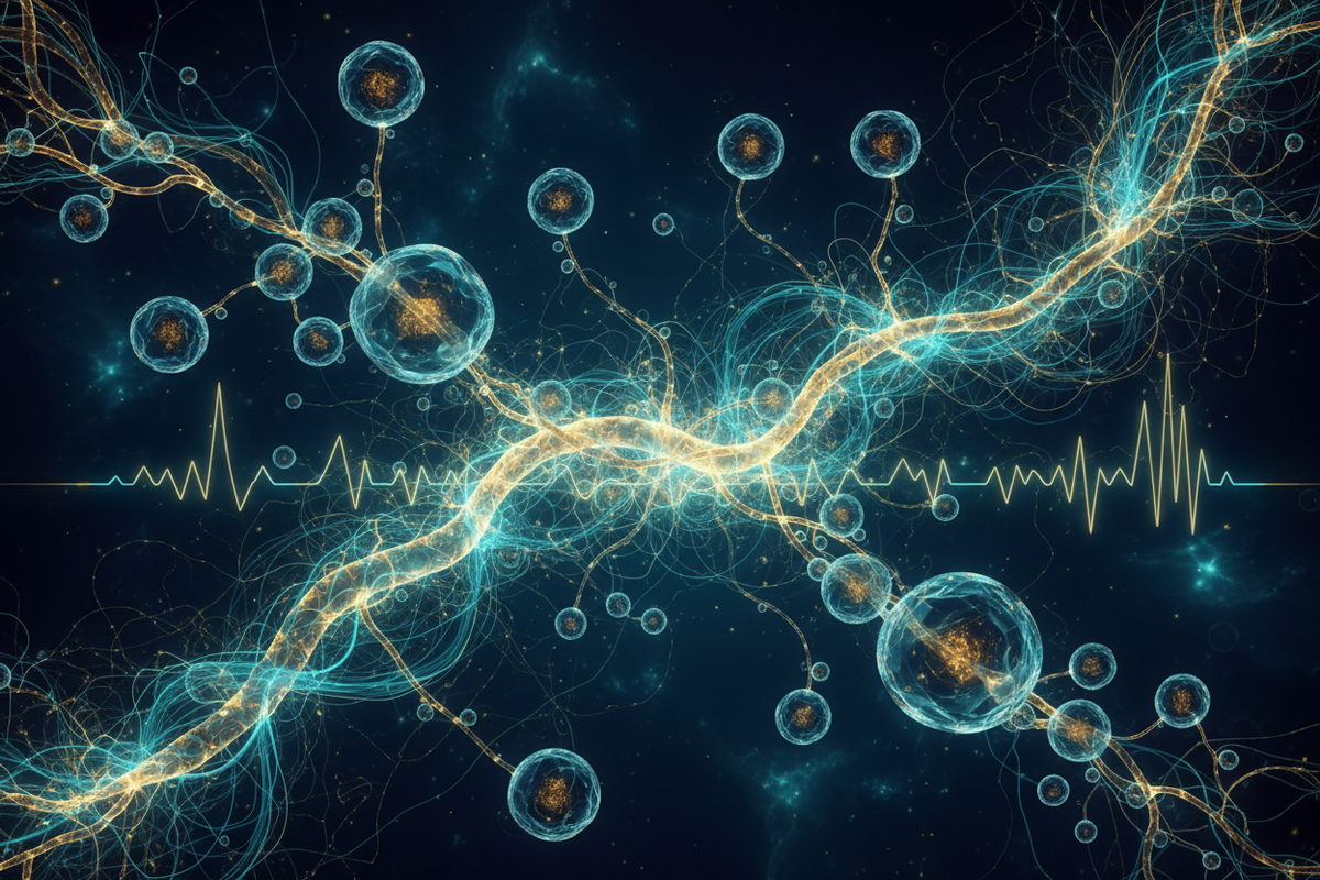 Bioelectric Medicine — glowing bioelectric field lines and ion channel structures flowing through neural and cellular networks