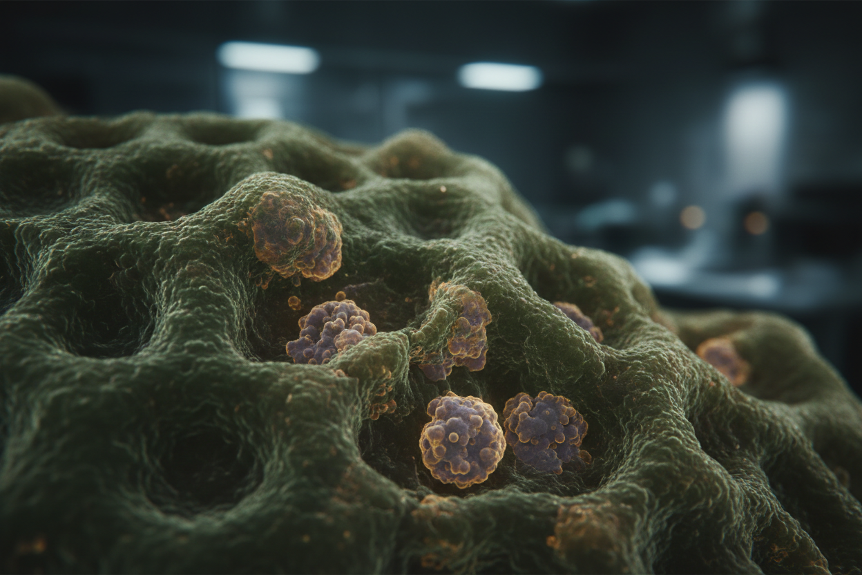 macro biofilm colony imagery in your deep forest green palette.