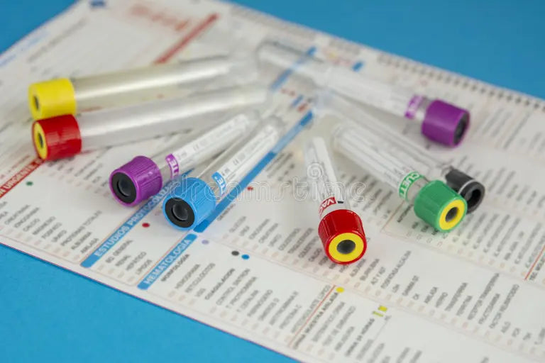 Scientific illustration of blood test panels, lab vials, and biomarker reports