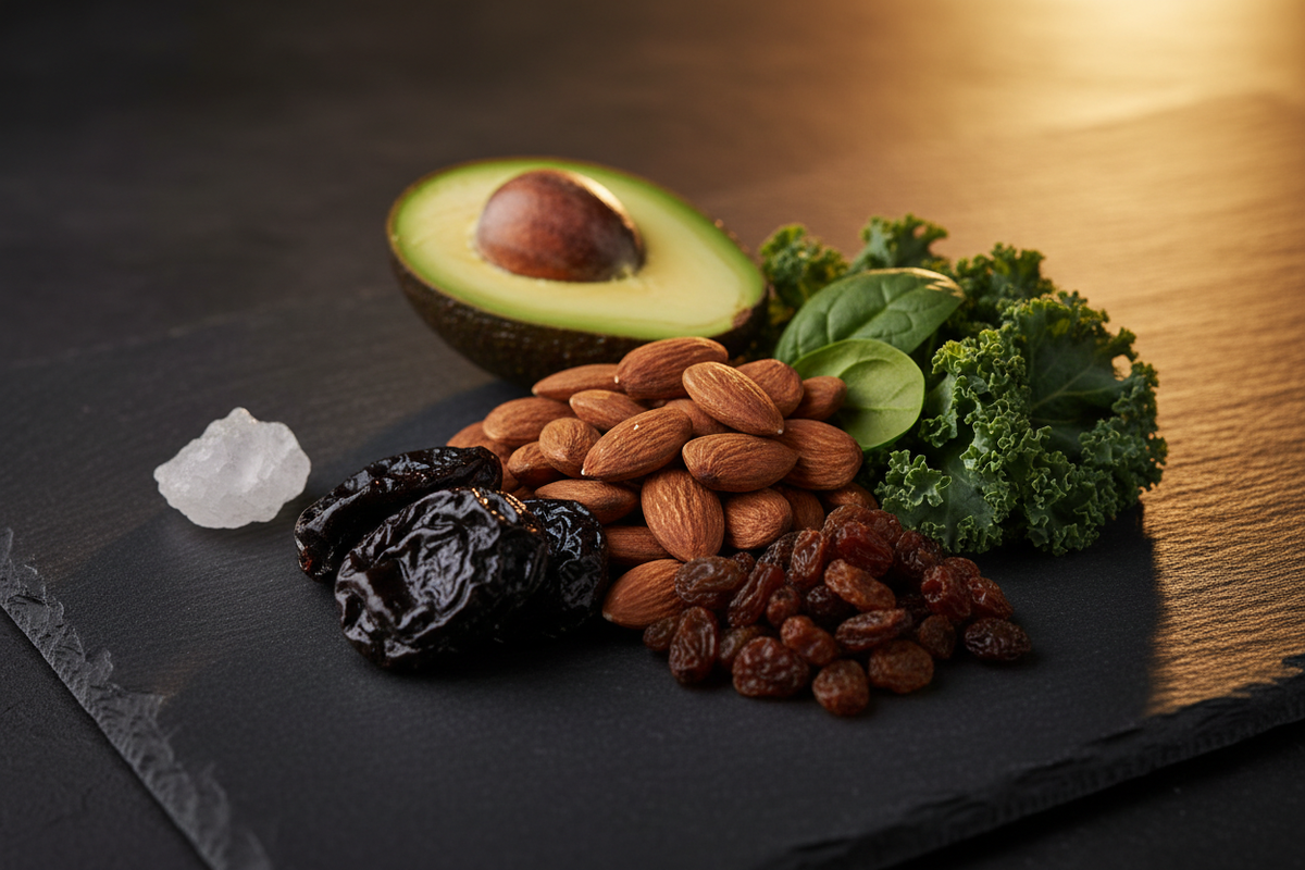 boron-rich foods including almonds, avocado, prunes and leafy greens on dark slate surface