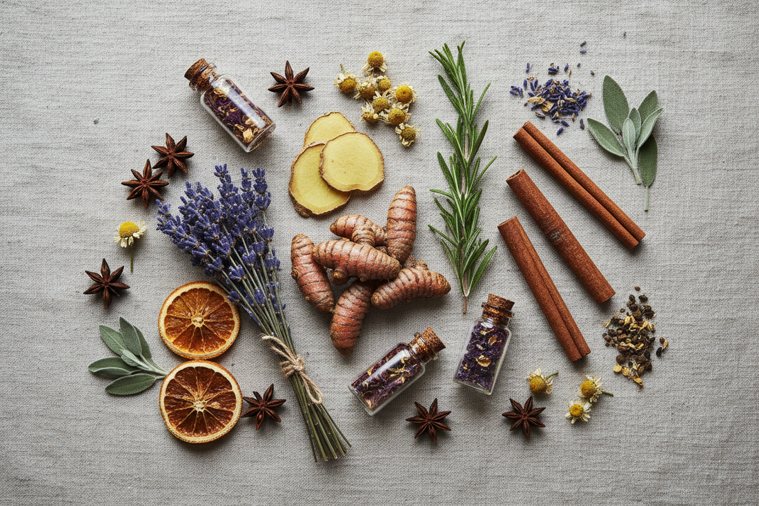 Botanical flat lay of healing herbs, dried roots, and apothecary bottles arranged on natural linen — herbal pharmacy guide by Holistic Healing LLC