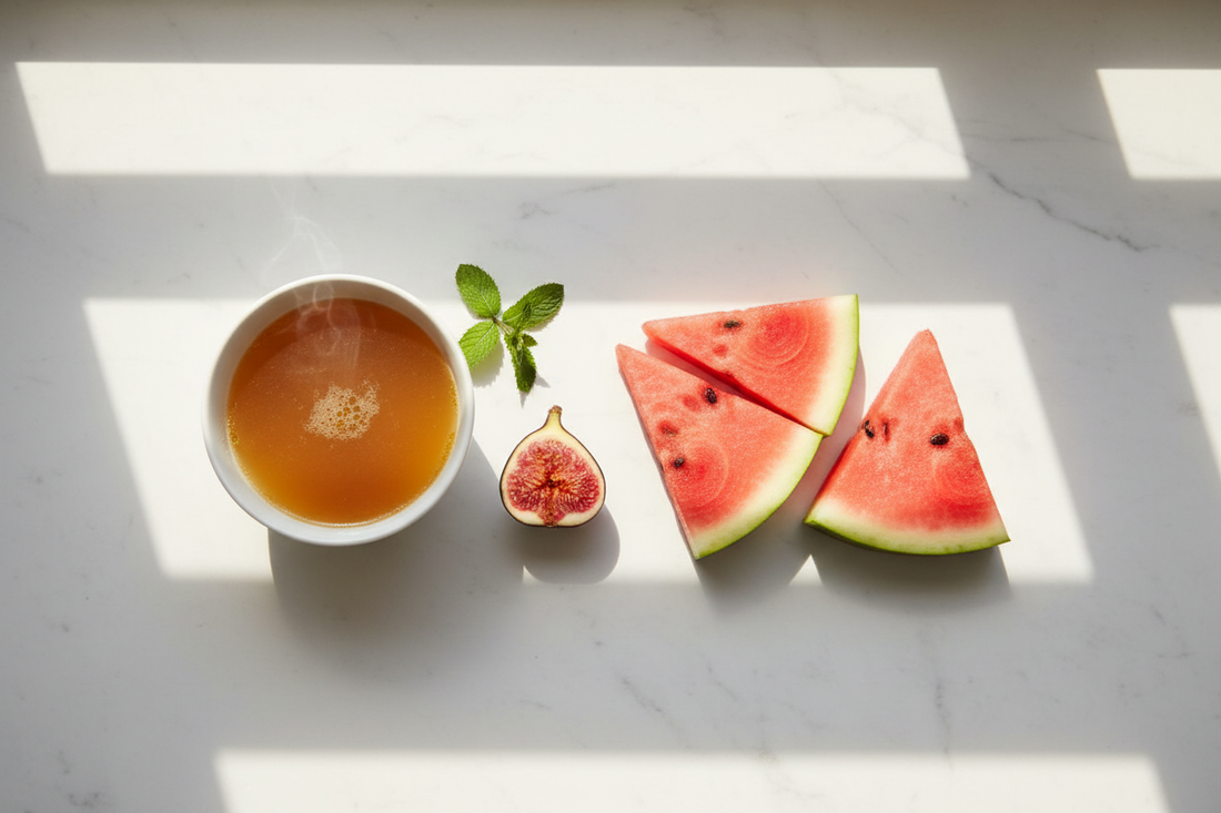 Watermelon slices, a small bowl of bone broth, a halved fig, and fresh mint on white marble — representing the gentle nourishment of refeeding after a fast