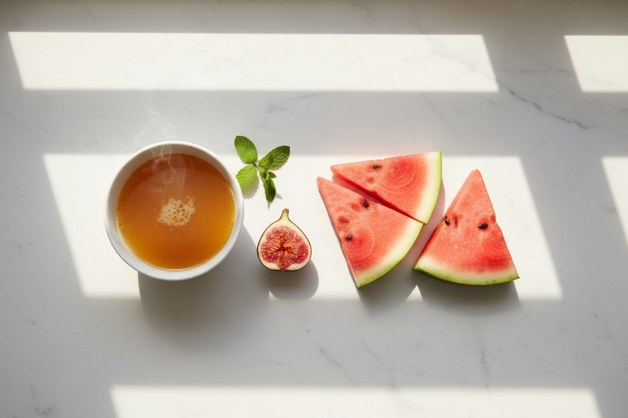 Watermelon slices, a small bowl of bone broth, a halved fig, and fresh mint on white marble — representing the gentle nourishment of refeeding after a fast