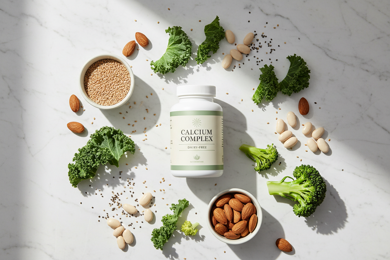 Calcium-rich foods including kale, almonds, sesame seeds,