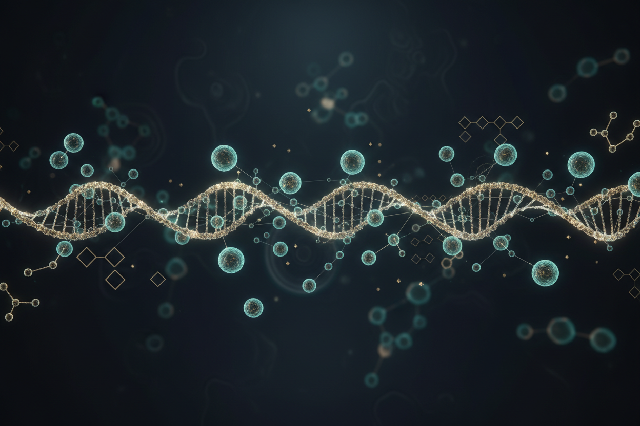 Abstract bioluminescent cellular biology visualization representing cancer biology and molecular pathways