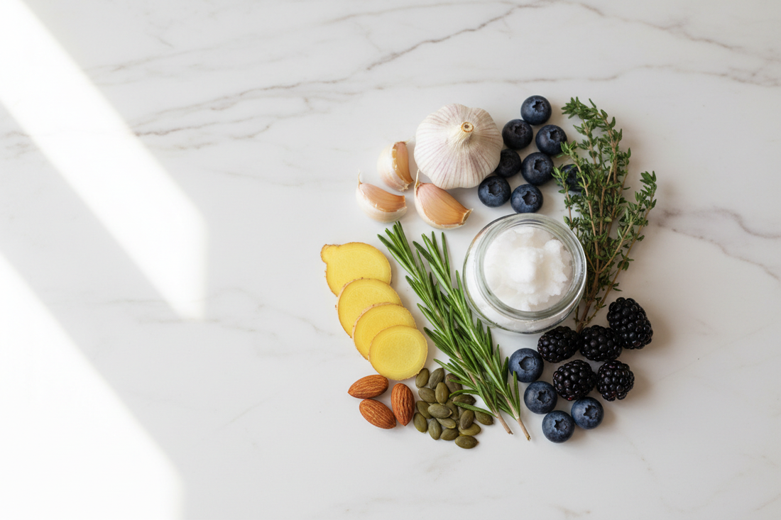 garlic, coconut oil, ginger, herbs, and dark berries on white marble in warm cream and deep green tones