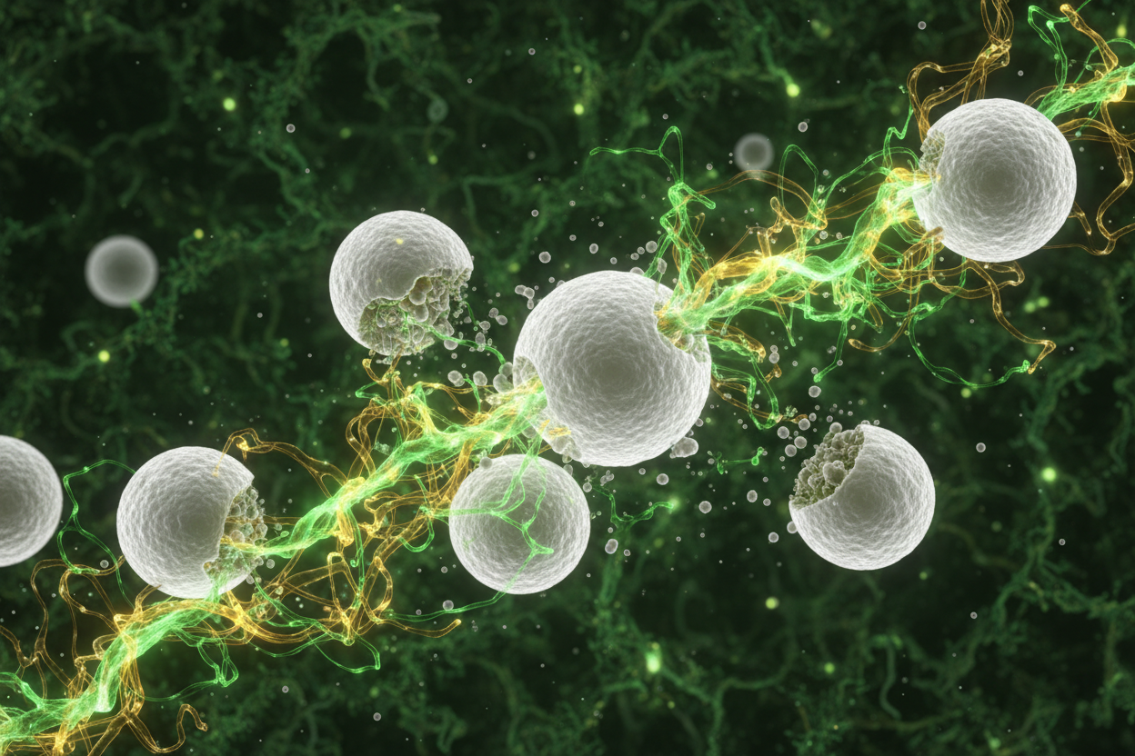  Candida yeast cells being disrupted by glowing antifungal molecules on forest green.