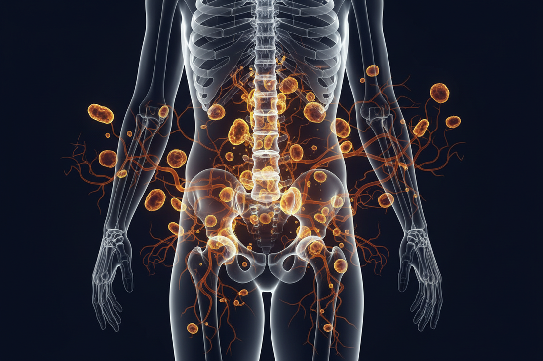 Illustration of chronic back and joint pain showing systemic inflammatory pathways beyond structural anatomy