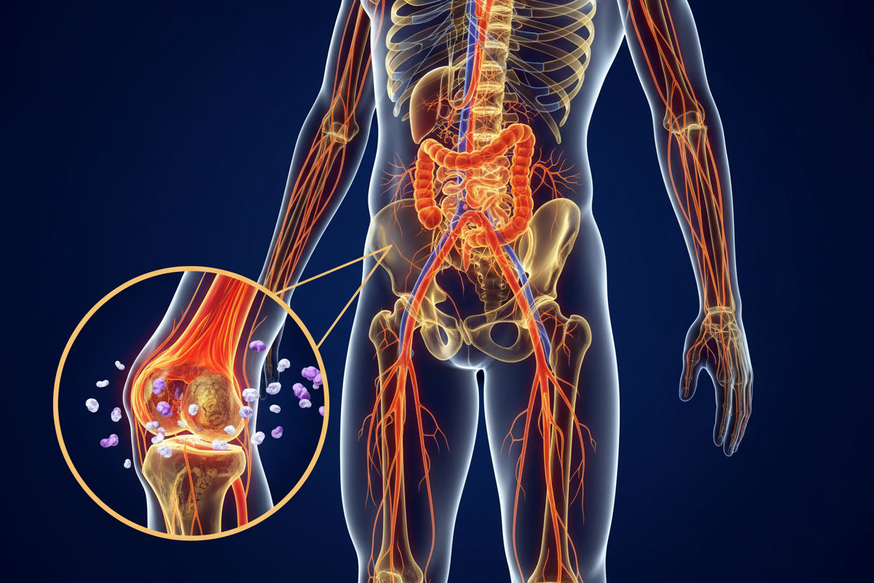 Medical illustration of spine and joints with systemic inflammatory pathways from gut to joint tissue