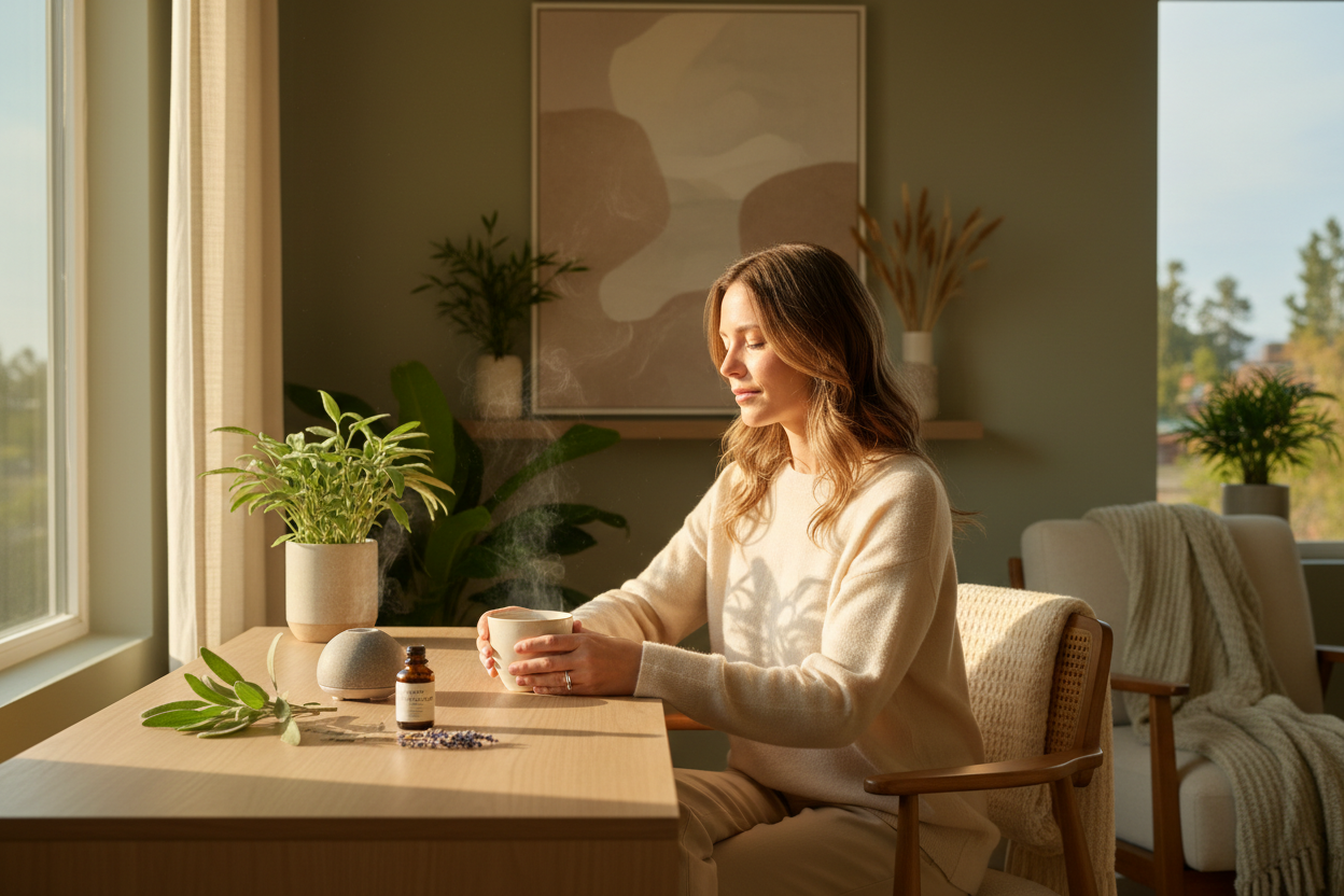 Calm morning wellness scene representing cortisol balance and chronic stress management