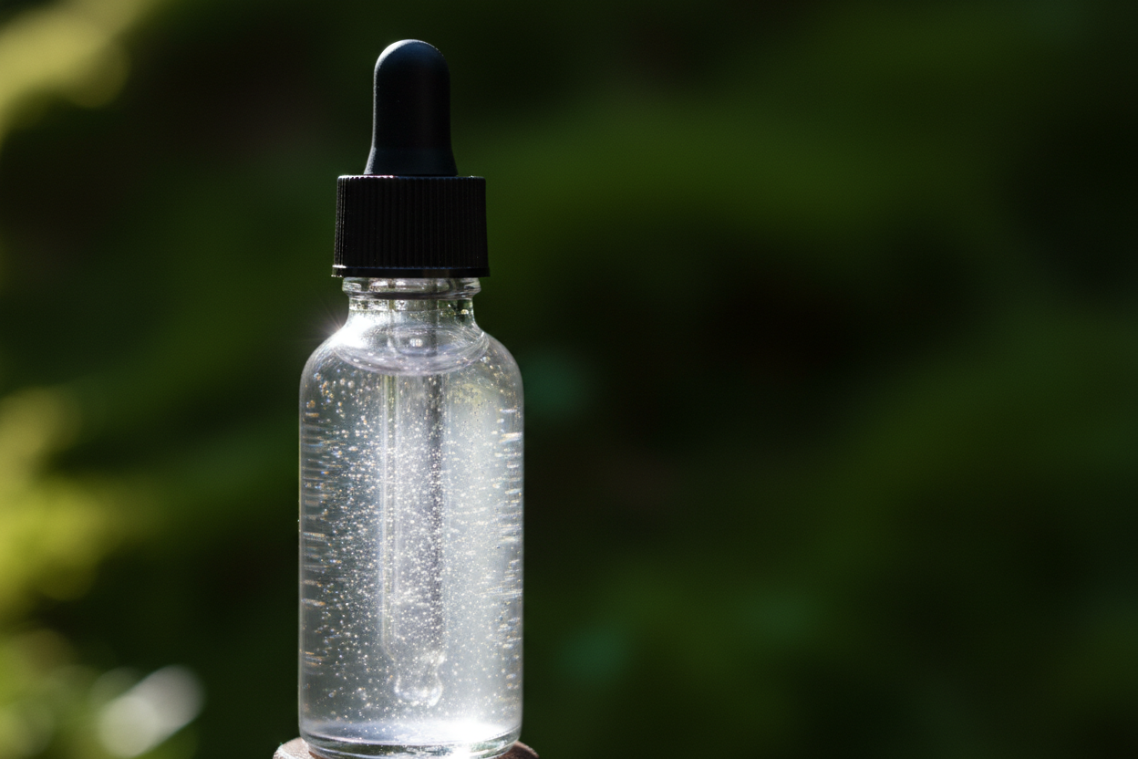 silver dropper bottle with suspended silver particles on deep forest green