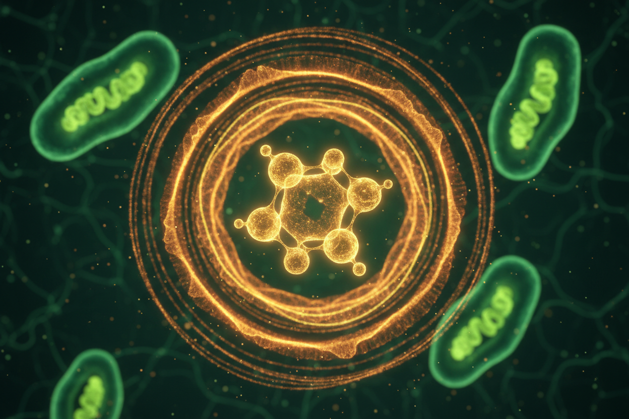 glowing golden CoQ10 molecule with amber energy rings and luminous mitochondria on forest green.
