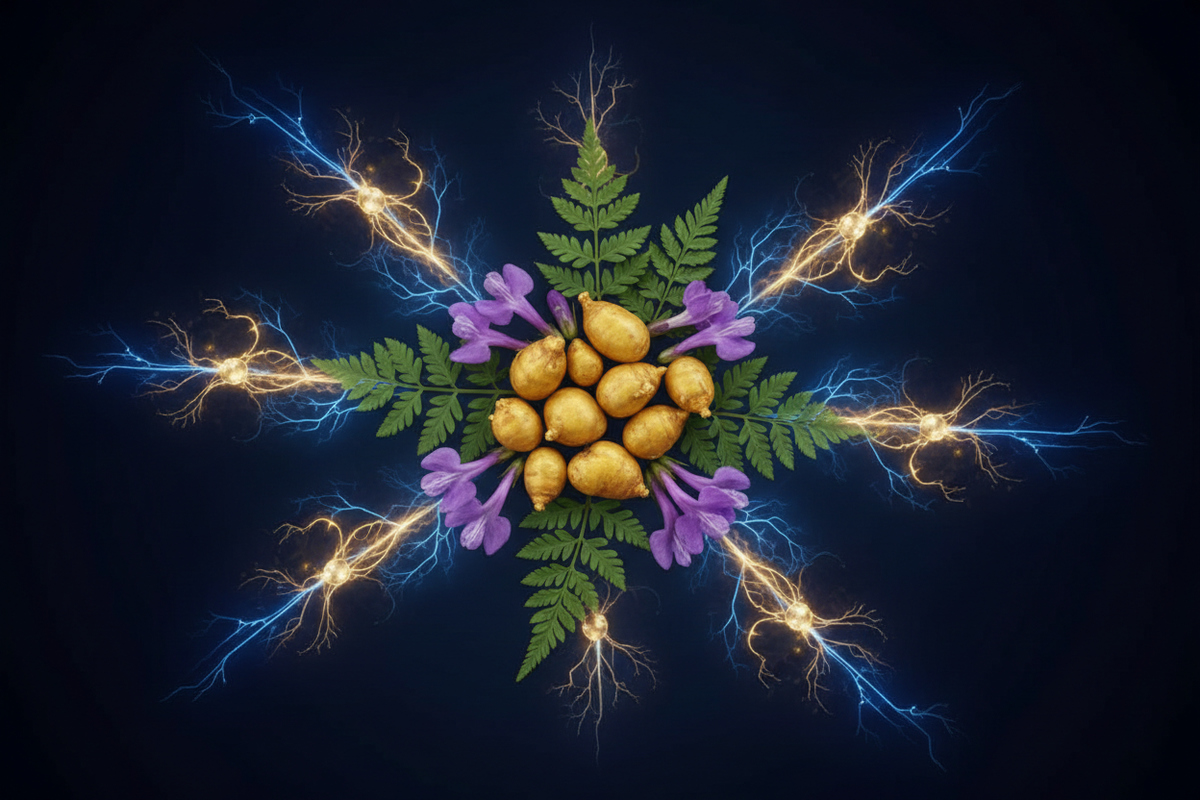 Golden Corydalis tubers with purple flowers and luminous neural and dopamine receptor illustrations in electric blue and gold on dark navy background