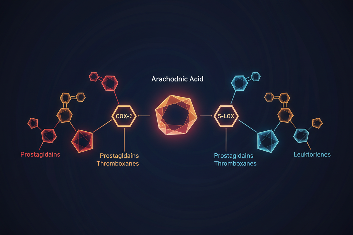 Illustration of COX and LOX inflammatory enzyme pathways showing arachidonic acid metabolism to prostaglandins and leukotrienes