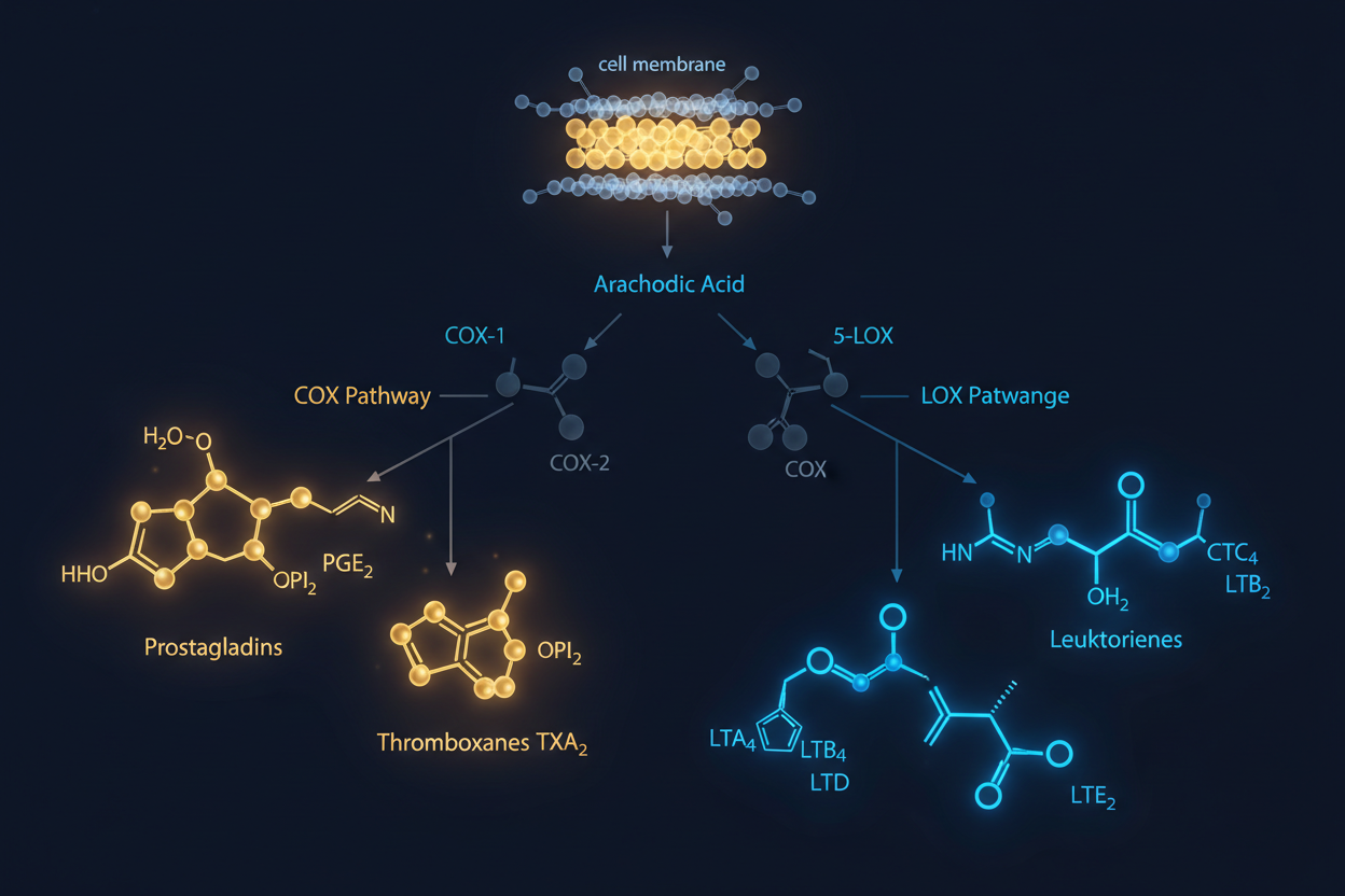 Scientific illustration of the arachidonic acid cascade showing COX and LOX inflammatory pathways