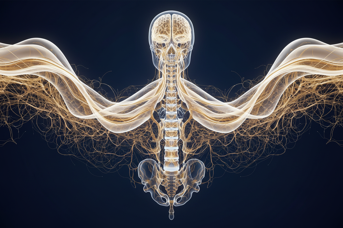 Craniosacral Therapy and Osteopathic Manipulation — luminous craniosacral fluid wave patterns flowing through dural membranes and fascial networks