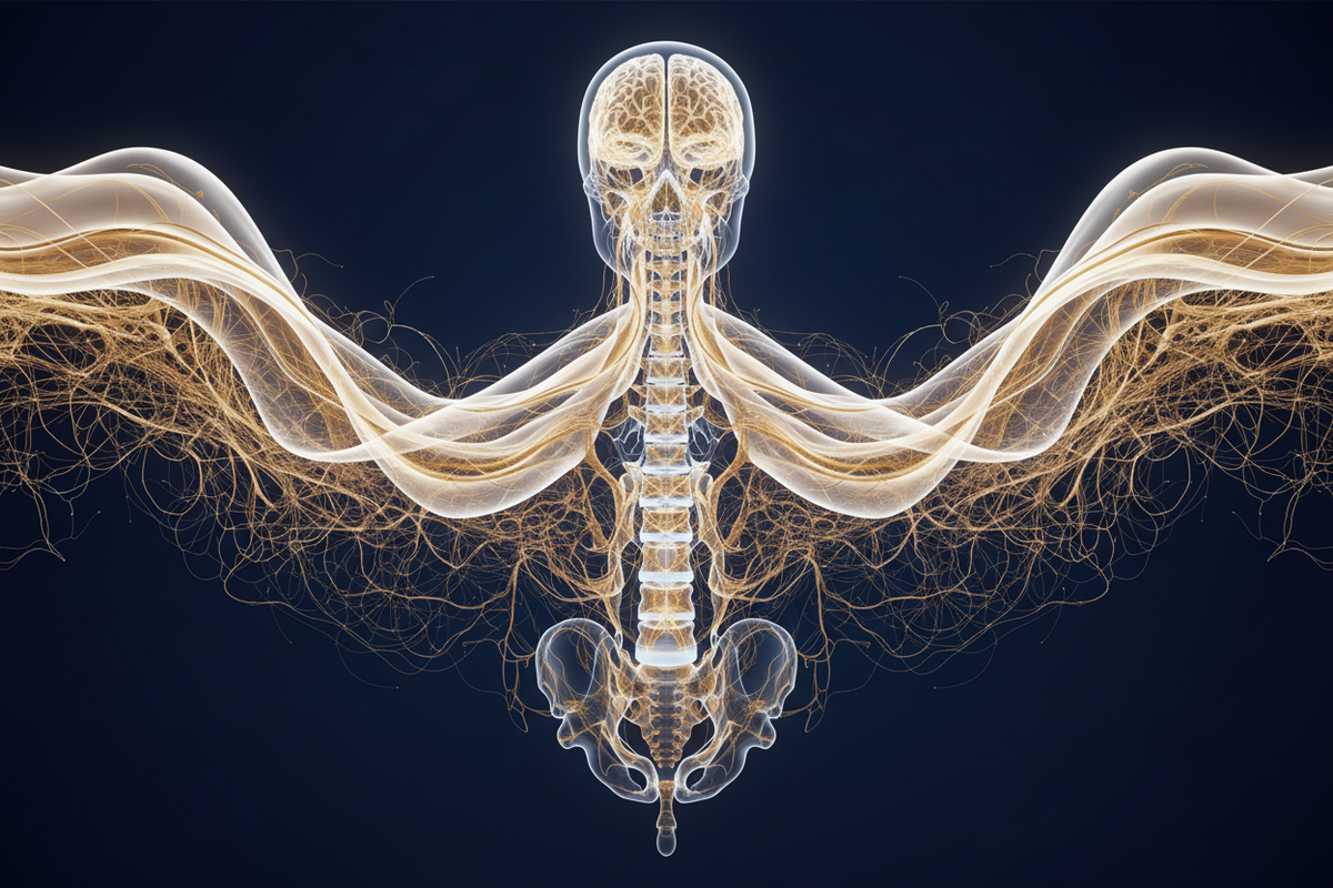 Craniosacral Therapy and Osteopathic Manipulation — luminous craniosacral fluid wave patterns flowing through dural membranes and fascial networks