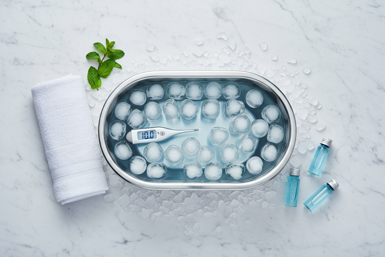 Editorial flat lay of cold plunge tub with icy blue water, floating ice cubes, digital thermometer, mint sprigs, and white linen towel on white marble — Cryotherapy guide by Holistic Healing LLC
