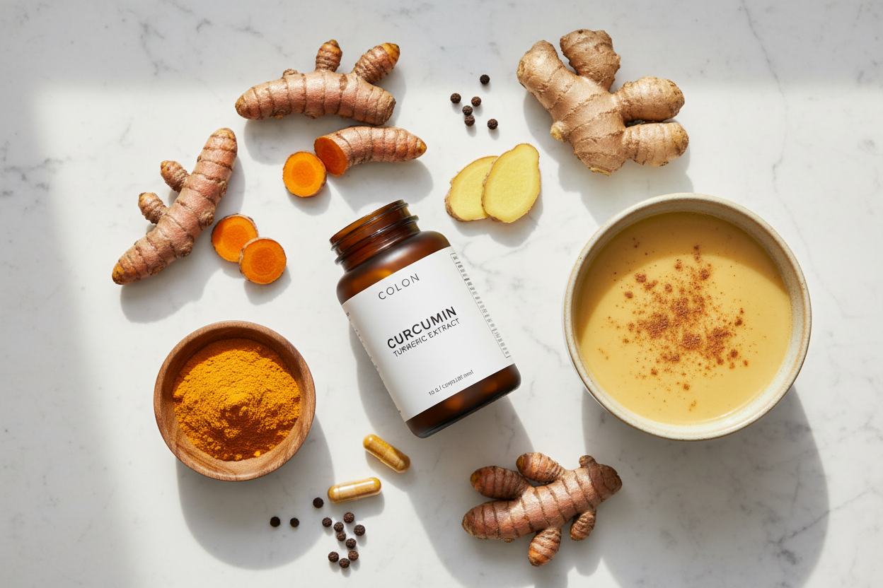Fresh turmeric root, turmeric powder, black pepper, and golden milk on a marble surface