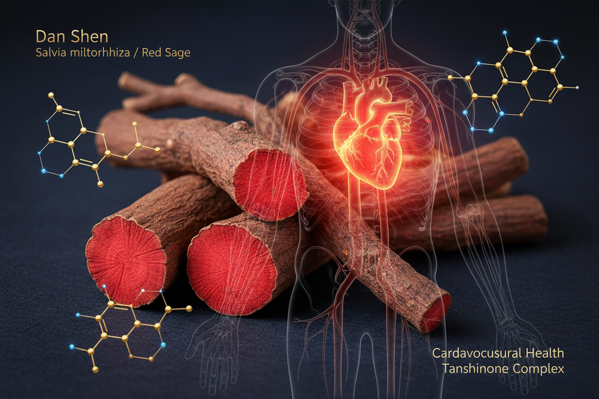 Dan Shen red sage roots with cardiovascular system and tanshinone molecular structures on dark navy background