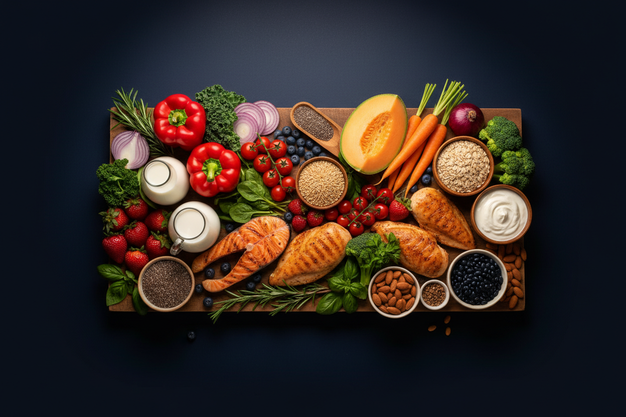 DASH diet foods including colorful vegetables, fresh fruits, whole grains, lean proteins, nuts, seeds and beans on a dark navy background