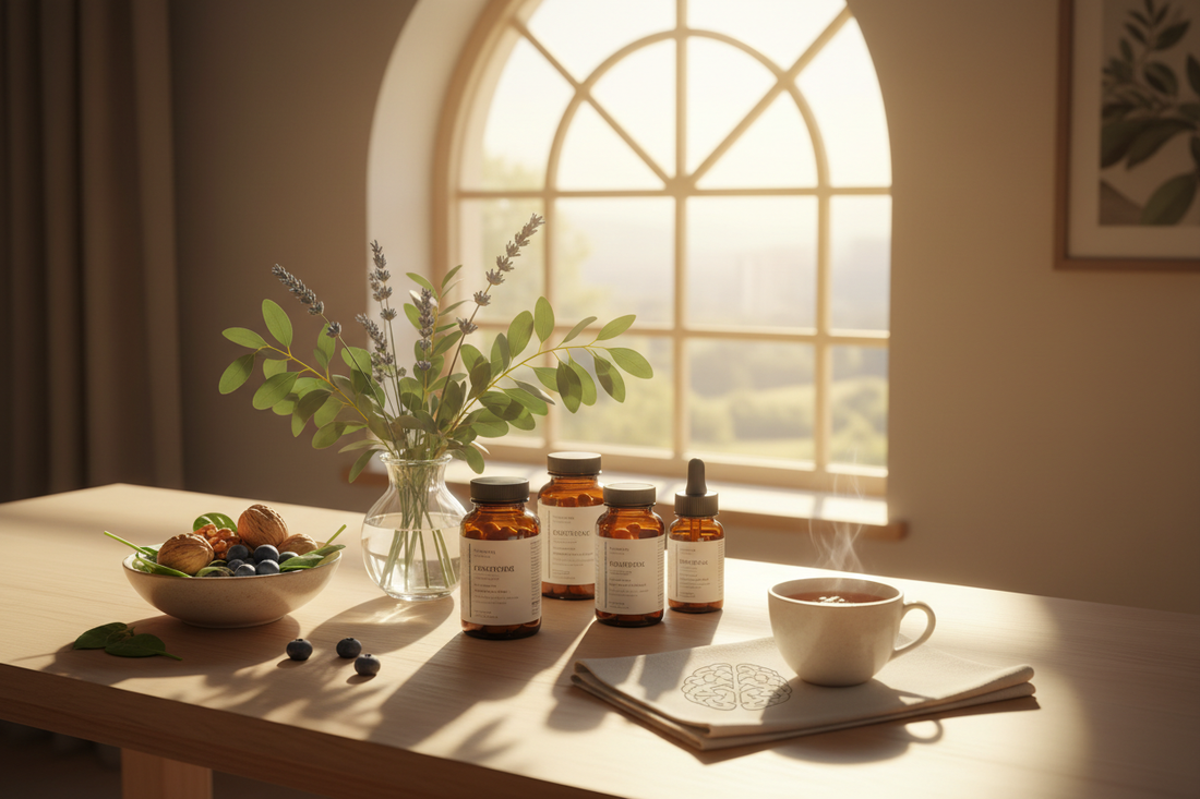 Hopeful wellness scene with sunlight and botanicals representing nutritional support for depression