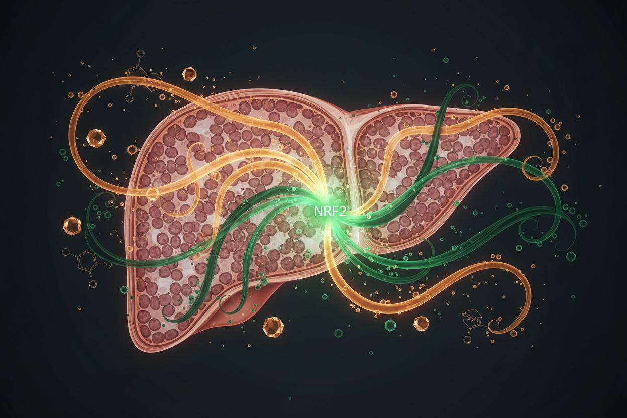 hepatic/cellular imagery with warm amber and forest green tones