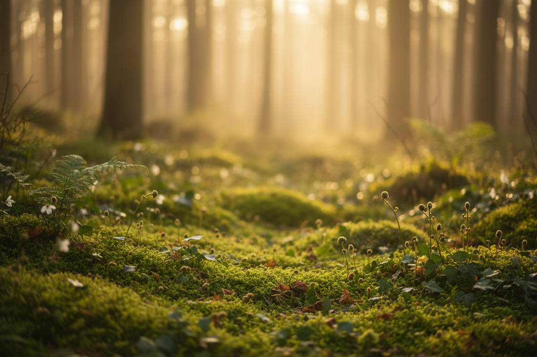 golden morning light through tall trees onto a mossy forest floor with ferns, warm gold and deep green tones