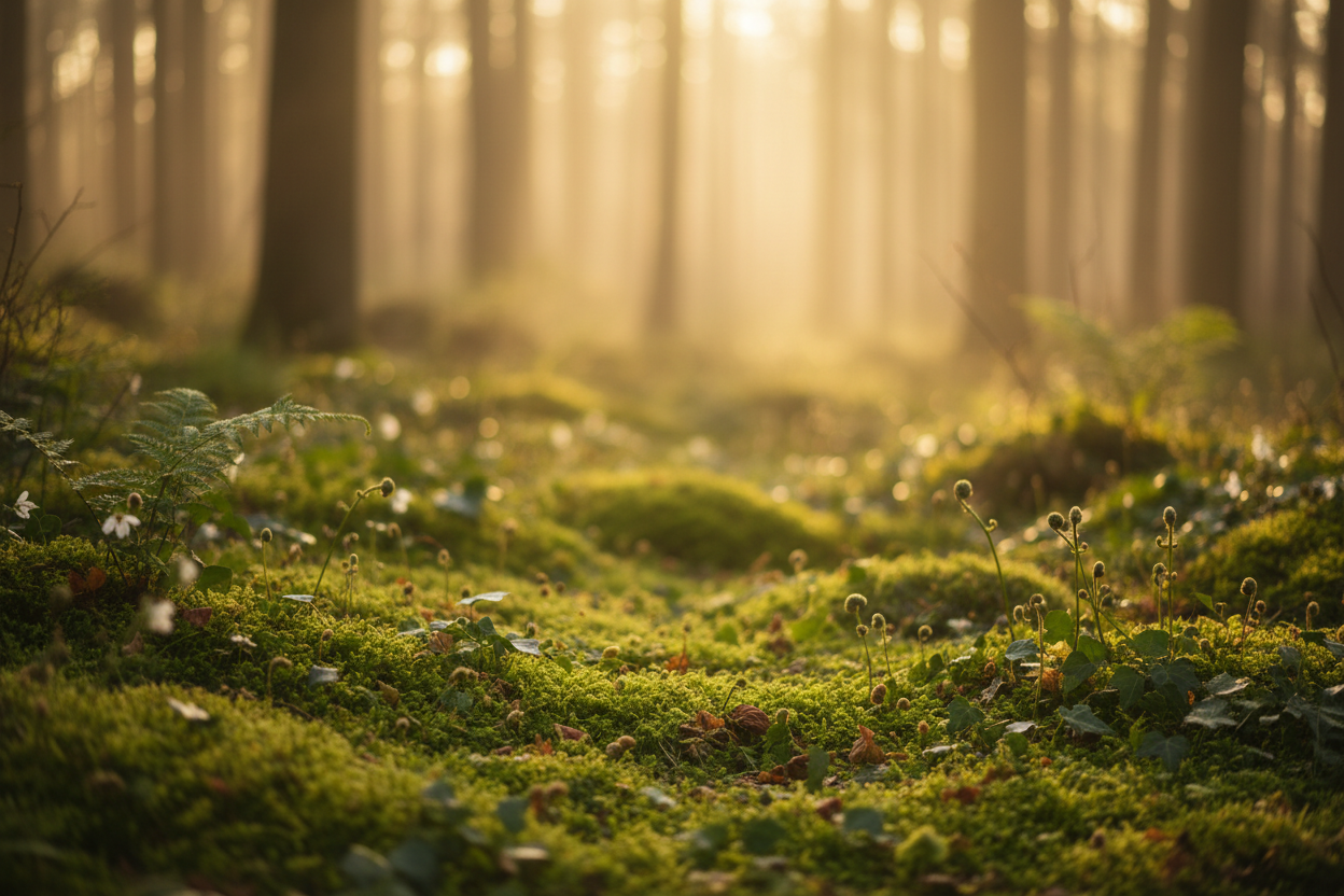 golden morning light through tall trees onto a mossy forest floor with ferns, warm gold and deep green tones
