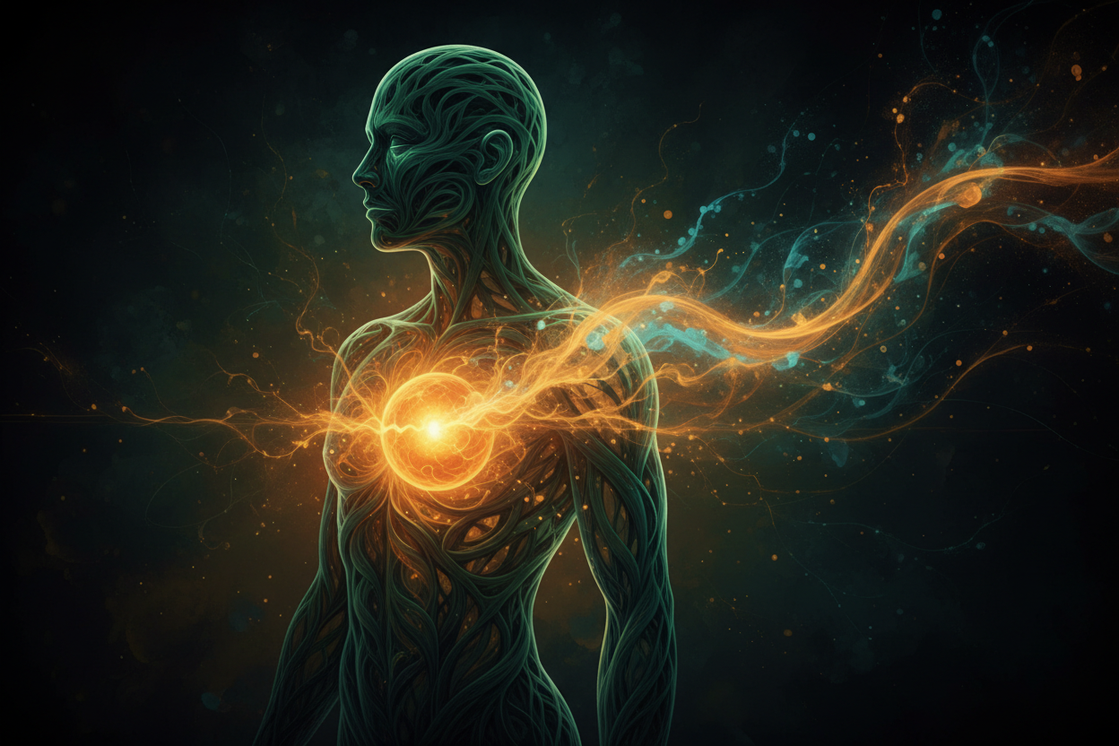 luminous human silhouette with glowing amber heart center and flowing neural energy patterns on deep forest green.