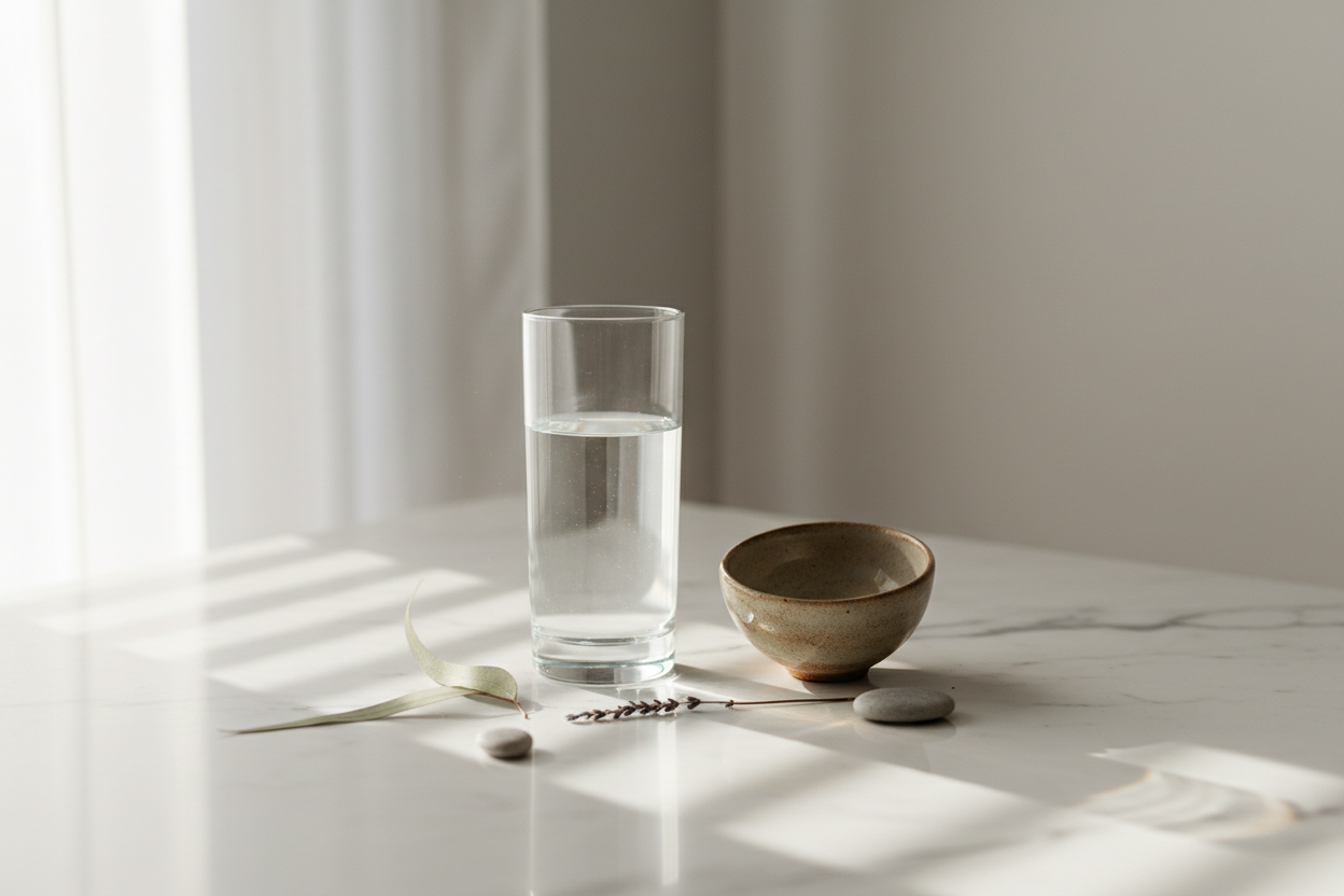 A serene glass of pure water with soft morning light on white marble — representing the clarity and stillness of extended water fasting