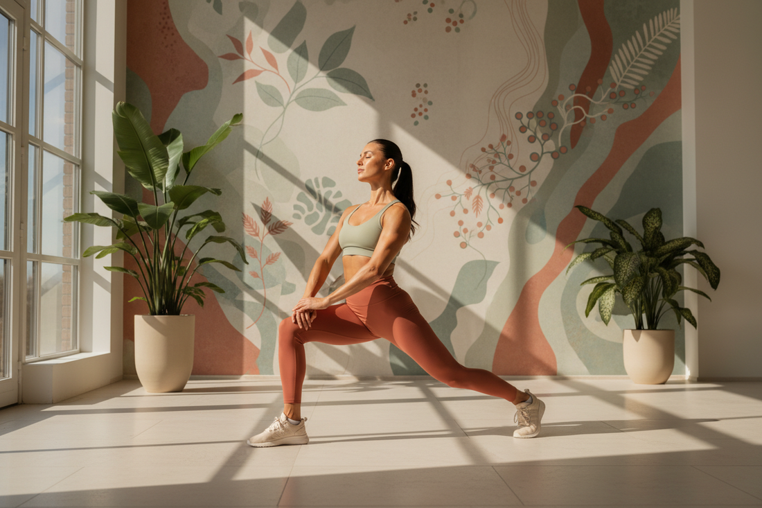 An athlete in motion in soft natural light with botanical and cellular motifs, in your signature sage, terracotta, and cream palette.