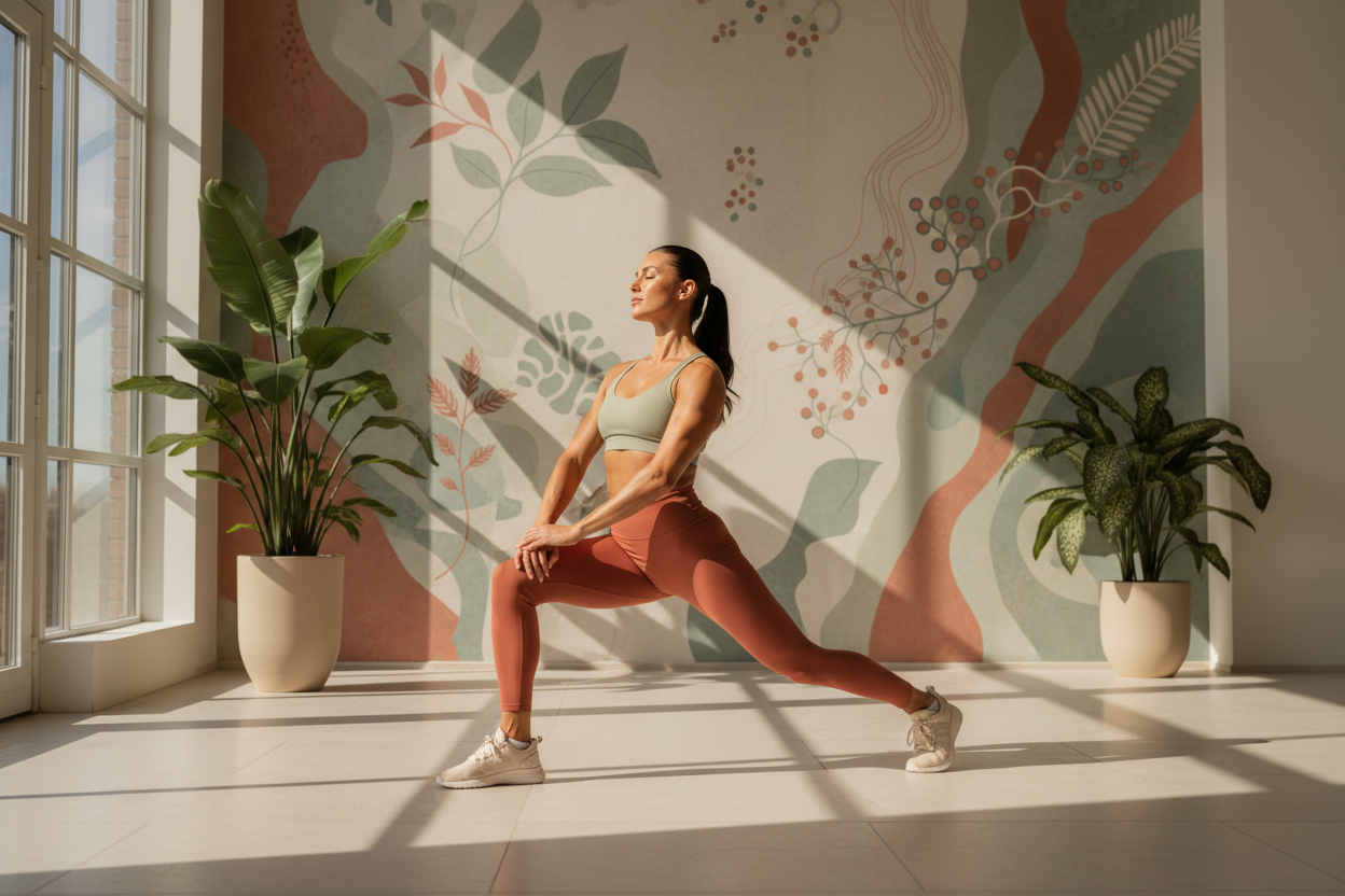 An athlete in motion in soft natural light with botanical and cellular motifs, in your signature sage, terracotta, and cream palette.