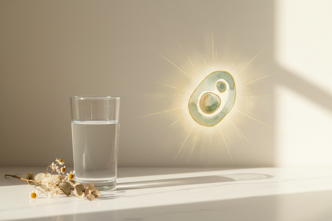 Minimalist wellness composition with golden light and botanicals representing fasting and cancer healing
