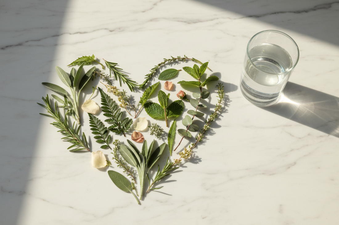 Heart shape formed by fresh herbs on white marble representing fasting and cardiovascular health