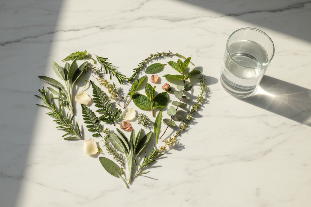 Heart shape formed by fresh herbs on white marble representing fasting and cardiovascular health