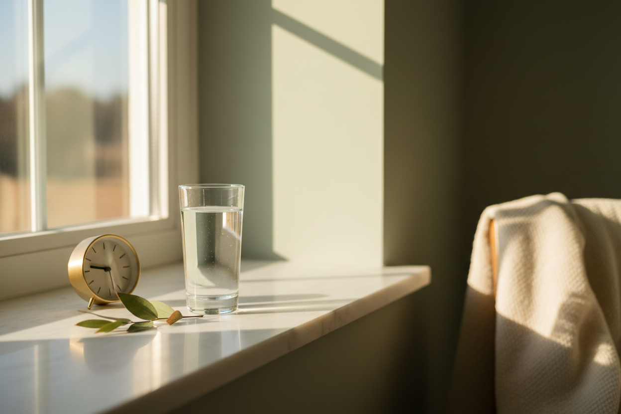 Sunrise light through a window with a glass of water and botanicals on white marble representing fasting and circadian rhythm