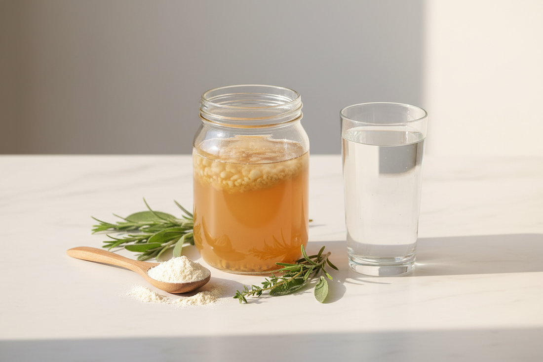 Fermented kombucha jar with herbs and water on white marble representing fasting and gut health