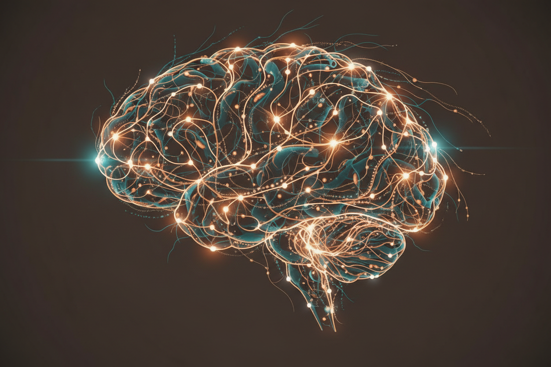 glowing neural network with synaptic connections in deep teal, amber, and ivory.