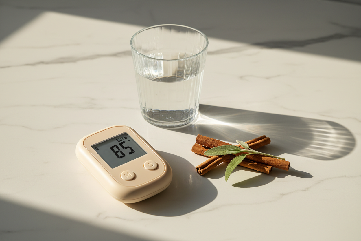 Blood glucose meter with cinnamon and herbs on white marble representing fasting and diabetes management